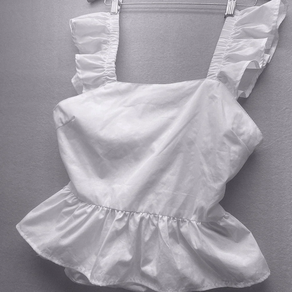 Who's That Girl White Ruffle Strap Peplum Top Women Large Tie Back Girly Summer - Picture 2 of 7